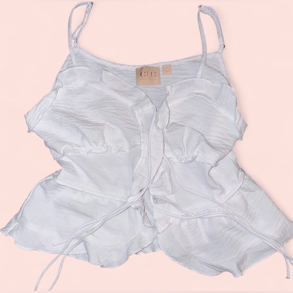 🤍 GLG White Ruffle Wrap Tie Peplum Top – Size XS